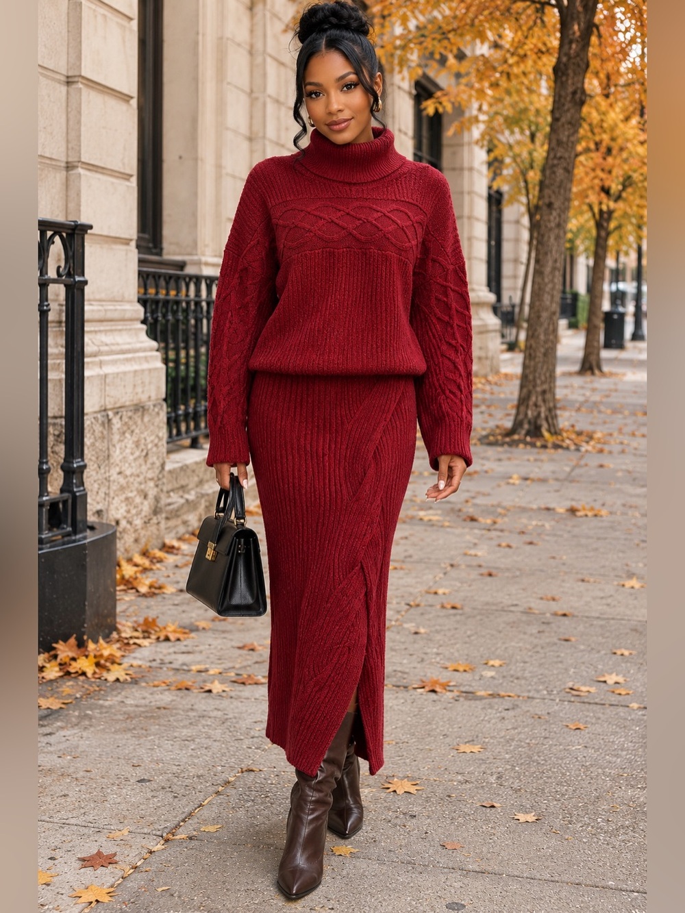 2pc set of Cozy Cable-Knit Burgundy Midi Skirt and sweater